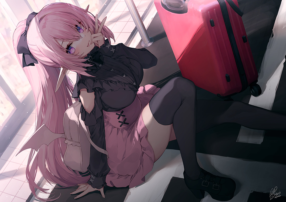 bow, brave_girl_ravens, breasts, claire_edgeworth, long_hair, pink_hair, pointed_ears, ponytail