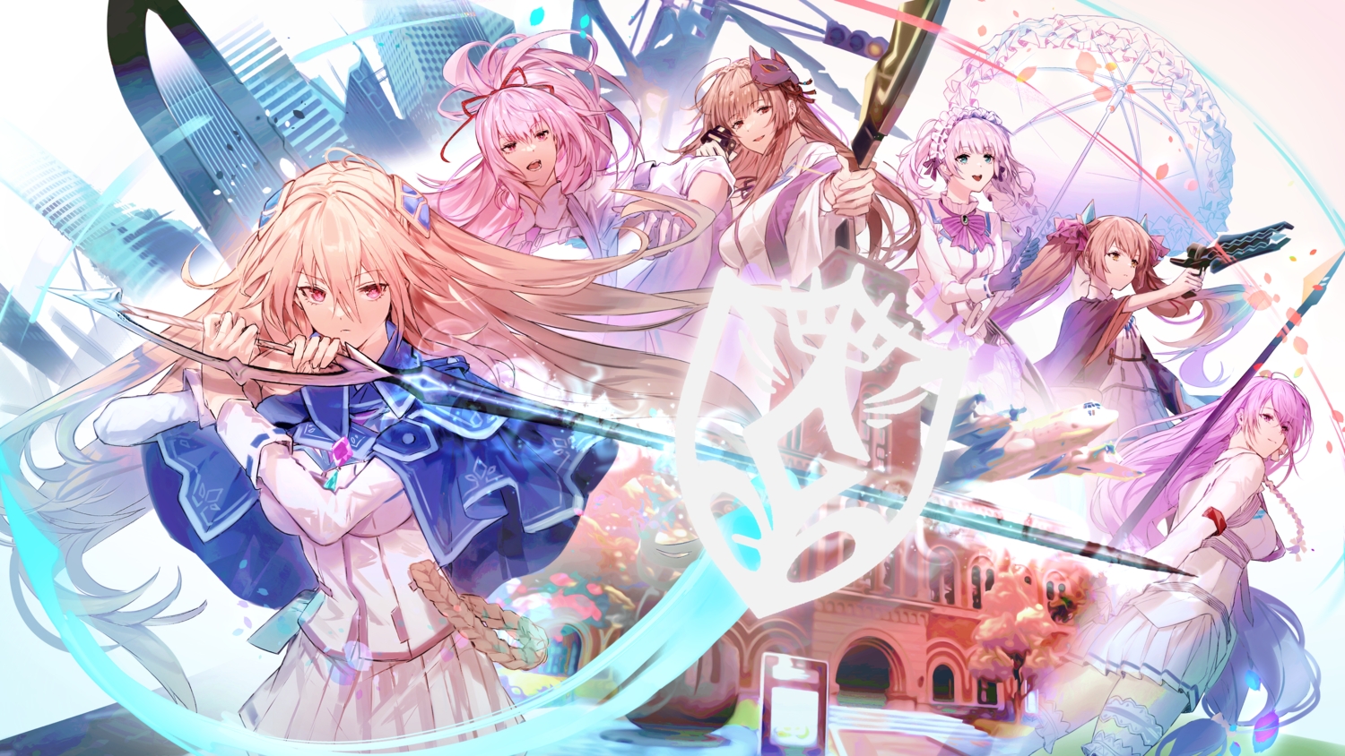 aircraft, aqua_eyes, blonde_hair, bow, bow_(weapon), braids, brown_eyes, brown_hair, building, cape, city, garter, gloves, group, gun, headdress, heaven_burns_red, kiryuu_miya, kura_satomi, long_hair, magic, mask, ogasawara_hisame, petals, pink_eyes, pink_hair, ponytail, purple_hair, red_eyes, school_uniform, shirakawa_yuina, shirt, siyrgr, skirt, sugawara_chie, sword, thighhighs, tie, tsukishiro_monaka, twintails, umbrella, weapon