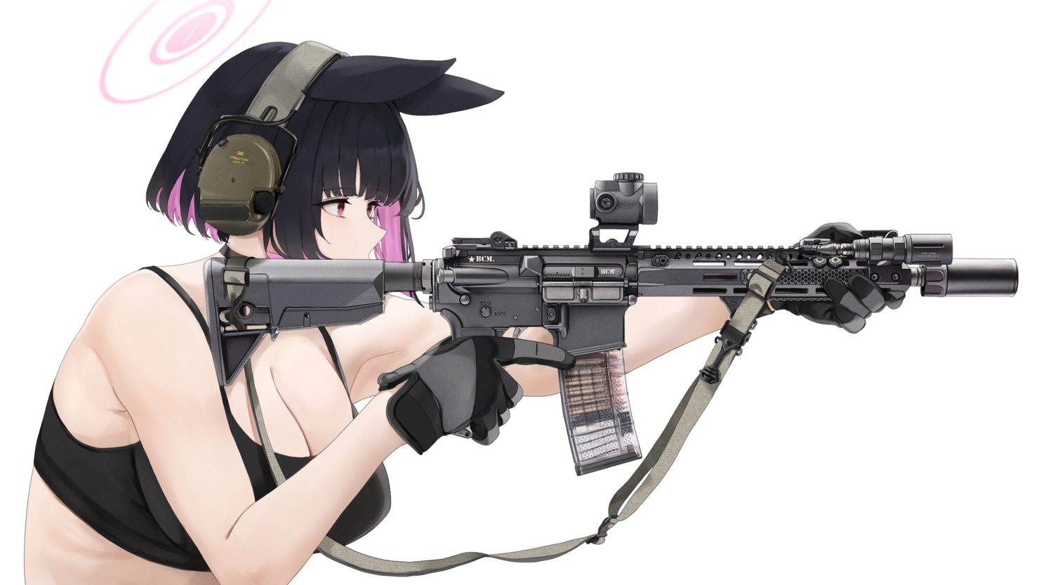 aliasing, animal_ears, black_hair, blue_archive, breasts, catgirl, choker, cleavage, close, fte_(fifteen_199), gloves, gun, halo, headphones, kyouyama_kazusa, military, red_eyes, short_hair, sports_bra, weapon, white