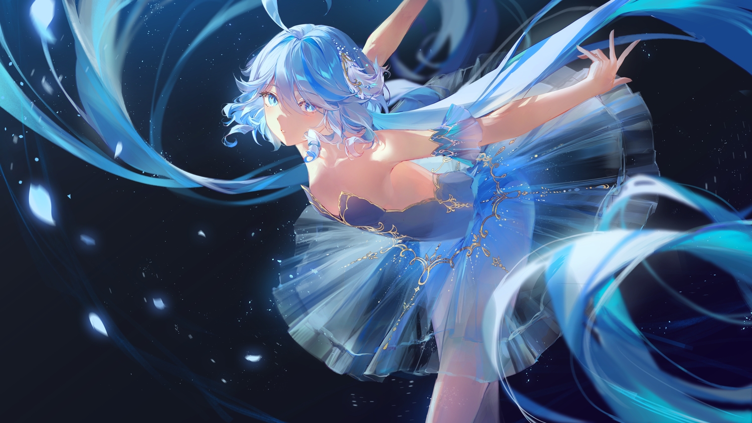 bicolored_eyes, blackmeow, blue_eyes, blue_hair, dress, furina_(genshin_impact), genshin_impact, petals