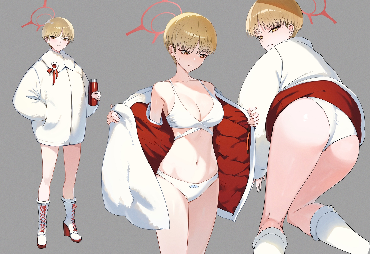 ass, bikini, blonde_hair, blue_archive, boots, breasts, brown_eyes, cleavage