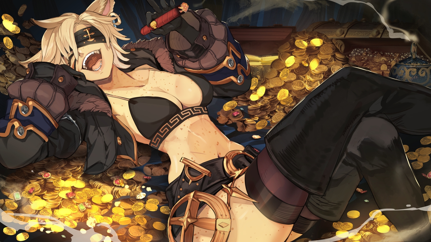 animal_ears, bikini_top, blonde_hair, boots, breasts, catgirl, cleavage, eyepatch