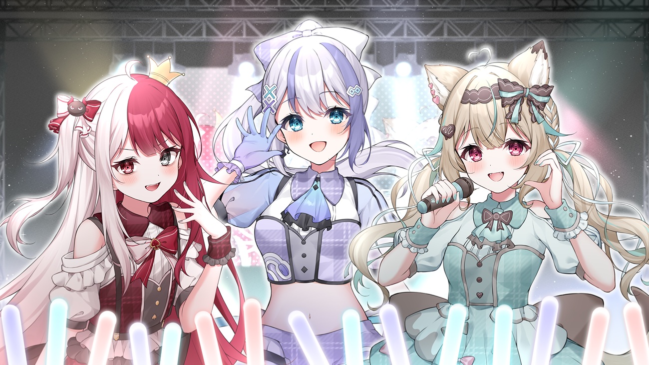 akubi_demonspade, amakami_konomi, animal_ears, aqua_eyes, bicolored_eyes, blush, bow, brown_hair, crown, dress, fang, gloves, gray_hair, headband, long_hair, microphone, million_production, navel, nonono_nono, ponytail, red_eyes, tail, wolfgirl, wristwear, zky_(oekaky)