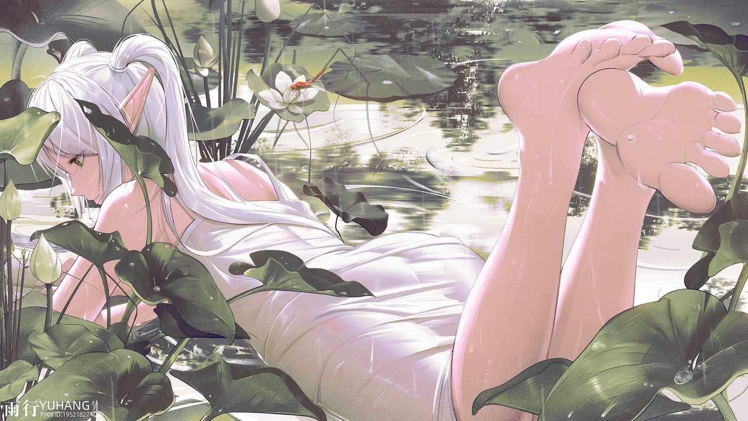 ass, barefoot, blush, dress, flowers, frieren, green_eyes, leaves