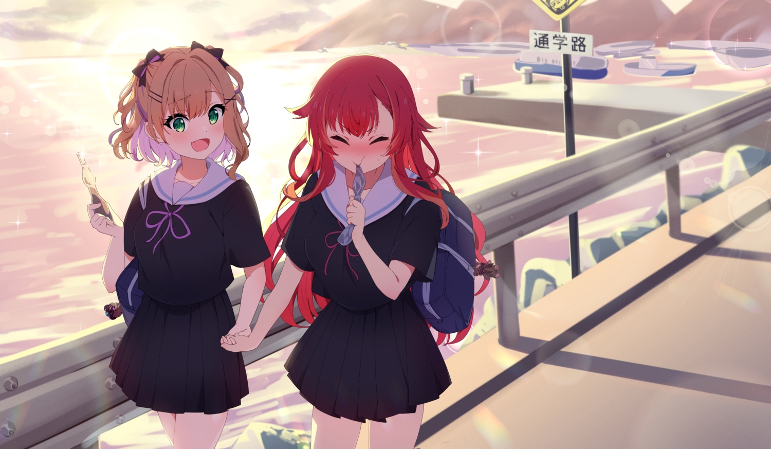 2girls, blonde_hair, blush, boat, bow, clouds, drink, fang, green_eyes, kurumi_noah, long_hair, nekota_tsuna, red_hair, reikakrzk, school_uniform, short_hair, shoujo_ai, skirt, sky, sunset, twintails, vspo!, water