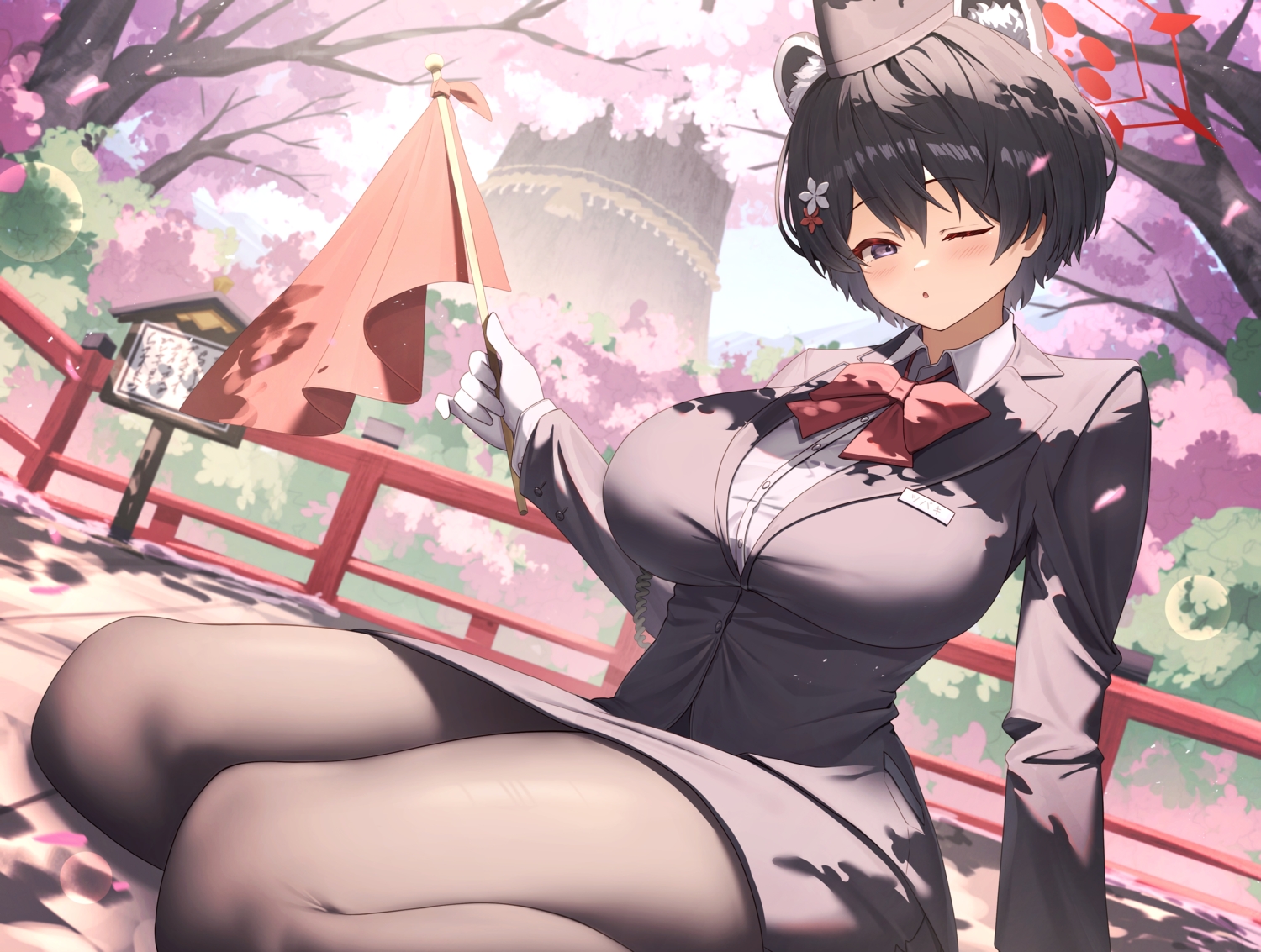 animal_ears, black_eyes, black_hair, blue_archive, blush, bow, breasts, cherry_blossoms