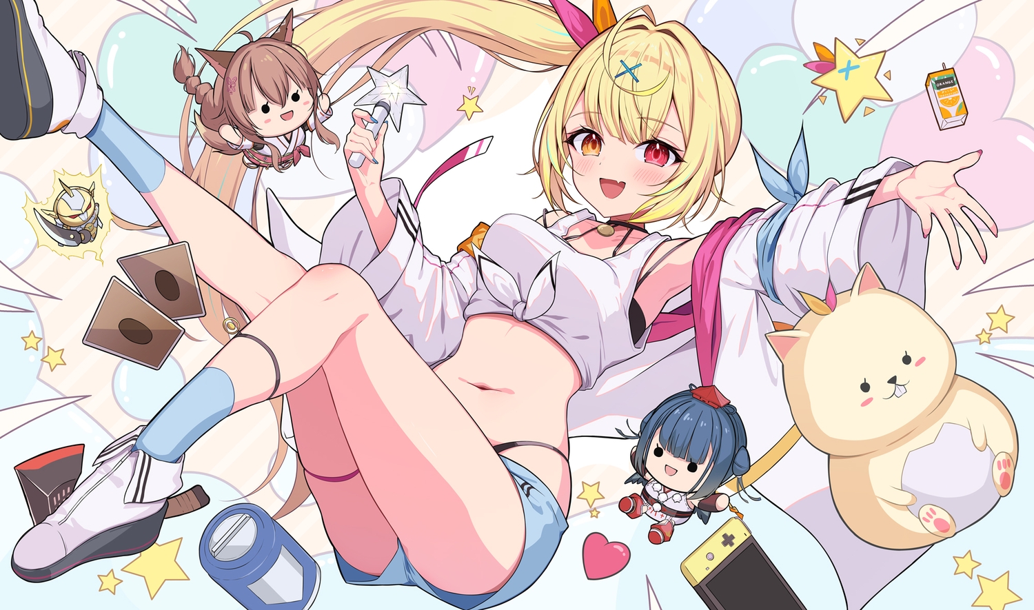 bicolored_eyes, blonde_hair, blush, breasts, doll, equal_(heartstrings), fang, fumi_(nijisanji)