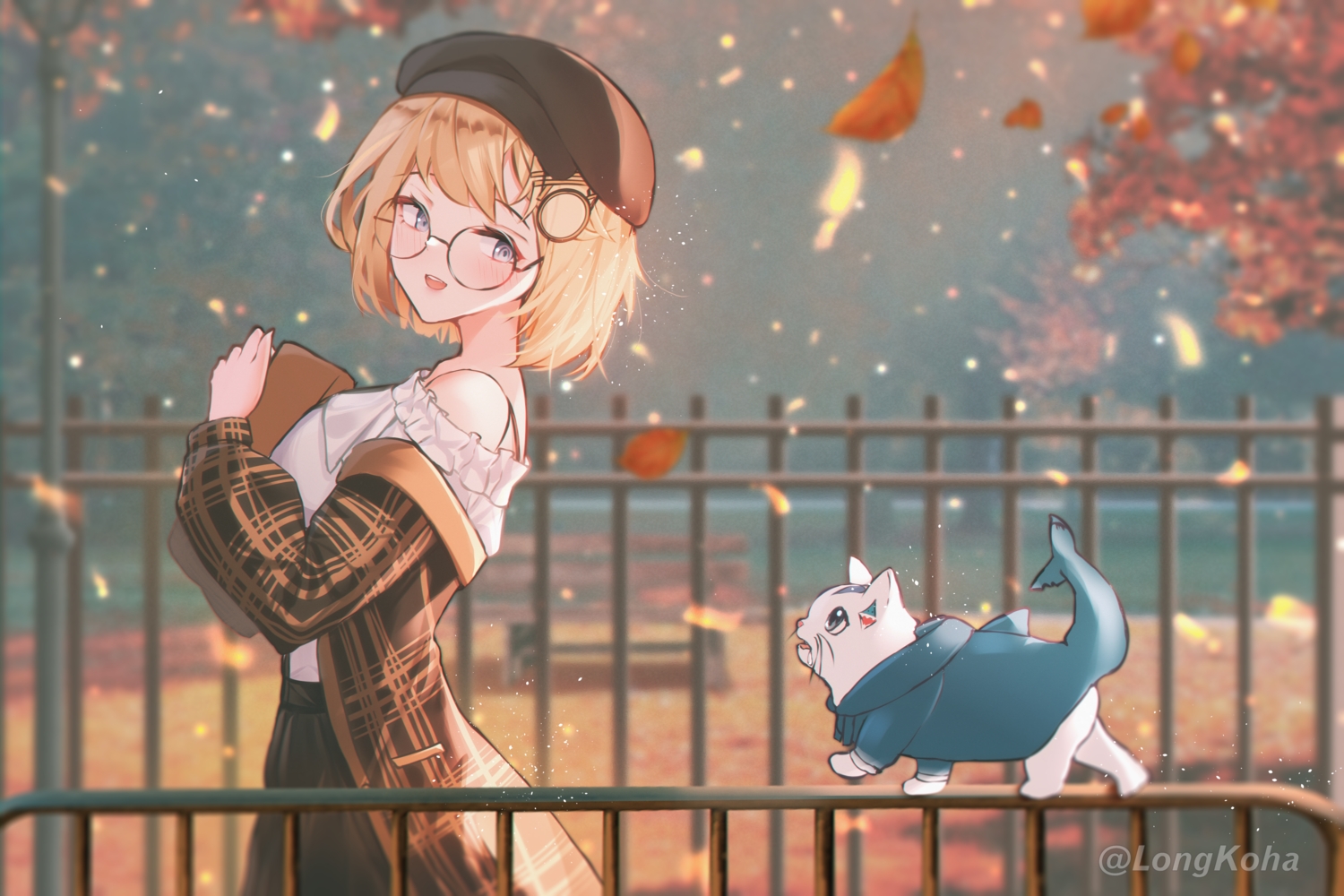amelia_watson, animal, autumn, blonde_hair, blush, cat, gawr_gura, glasses
