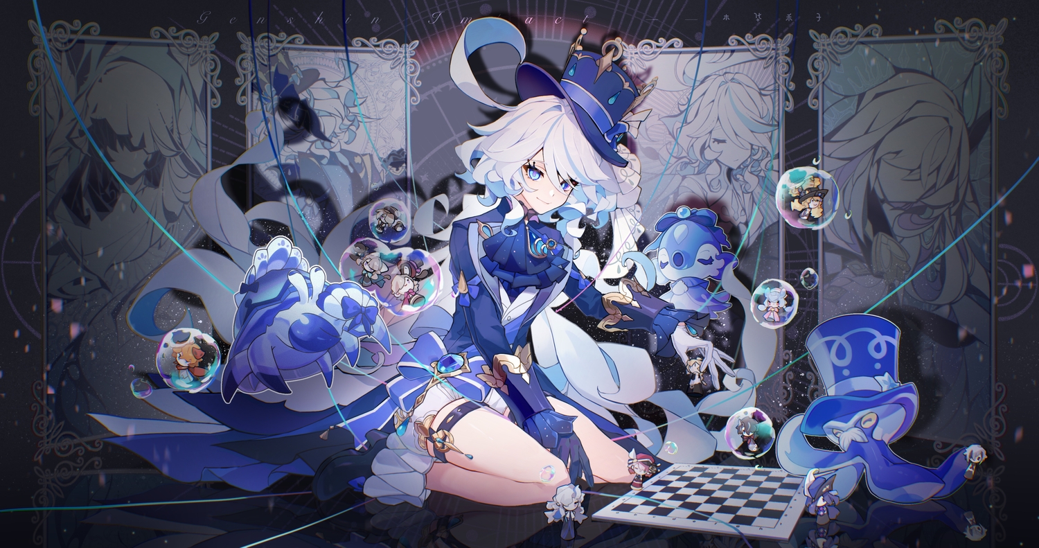 bicolored_eyes, blue_eyes, bow, bubbles, furina_(genshin_impact), garter, genshin_impact, gloves, hat, long_hair, reflection, shorts, snowflake_(diodarja), white_hair