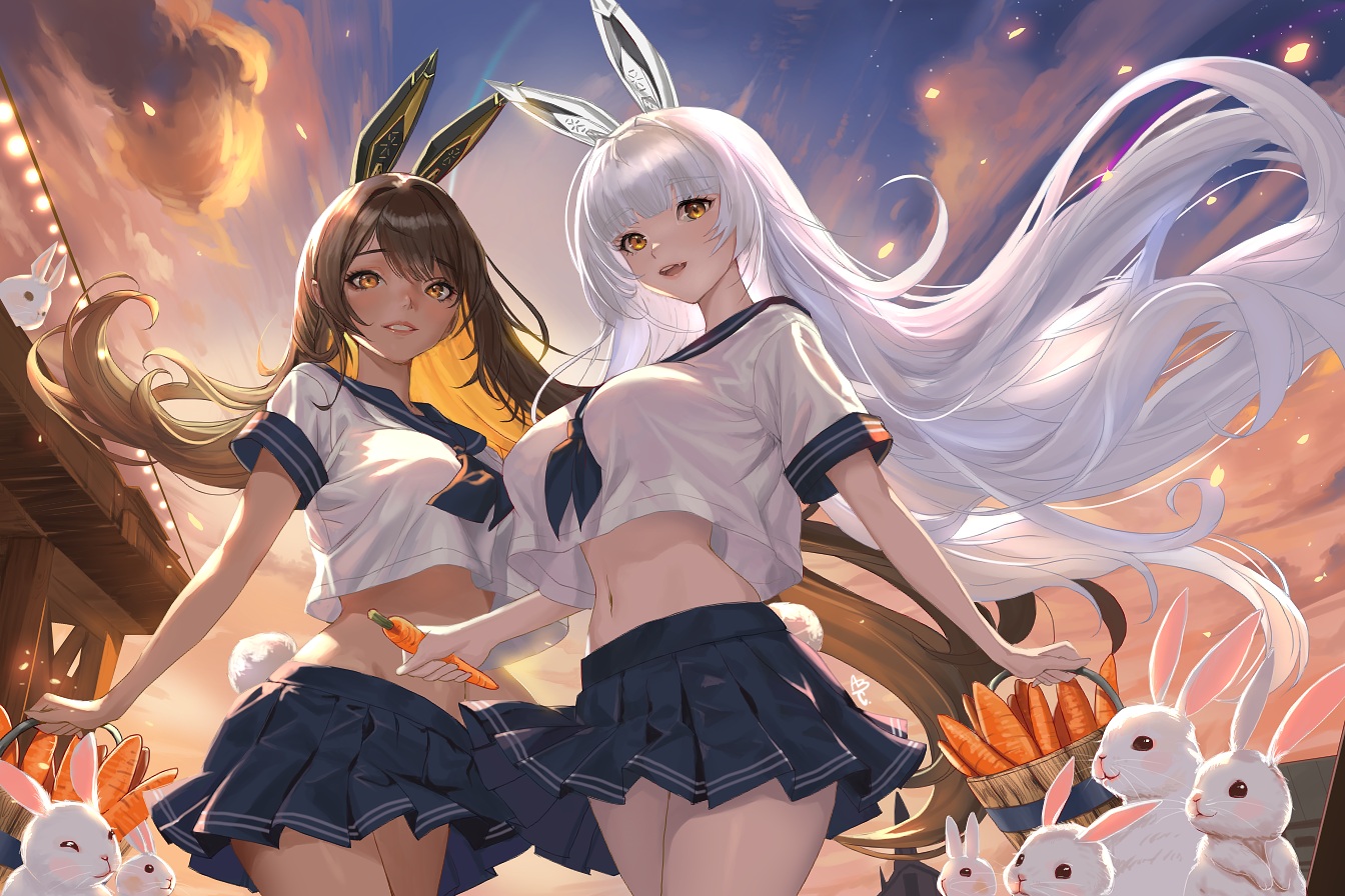 2girls, abc_art, aliasing, animal, animal_ears, blanc_(nikke), brown_hair, bunny_ears