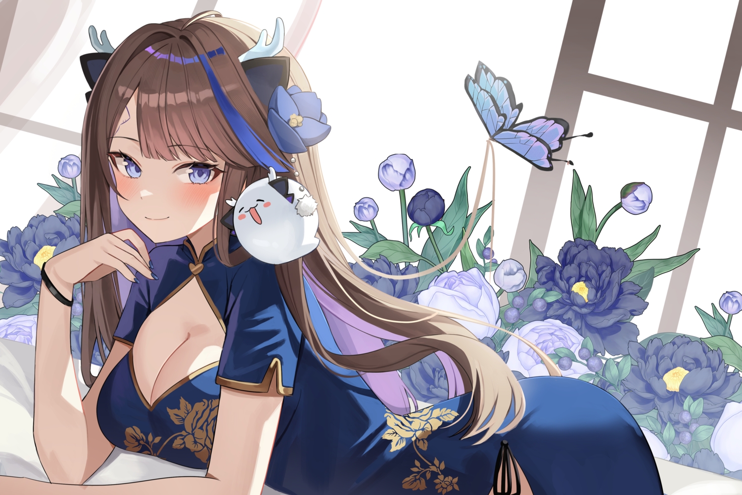 airi_kanna, blush, breasts, brown_hair, butterfly, chinese_clothes, chinese_dress, cleavage