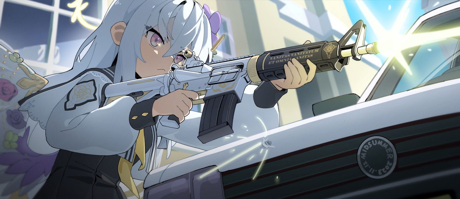 blue_archive, building, car, cropped, gun, halo, long_hair, midsummerw