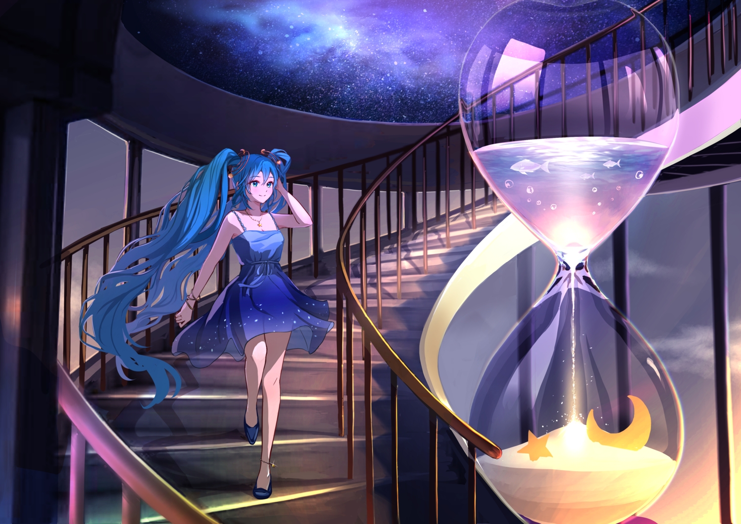 animal, aqua_eyes, blue_hair, bow, dress, fish, hatsune_miku, long_hair