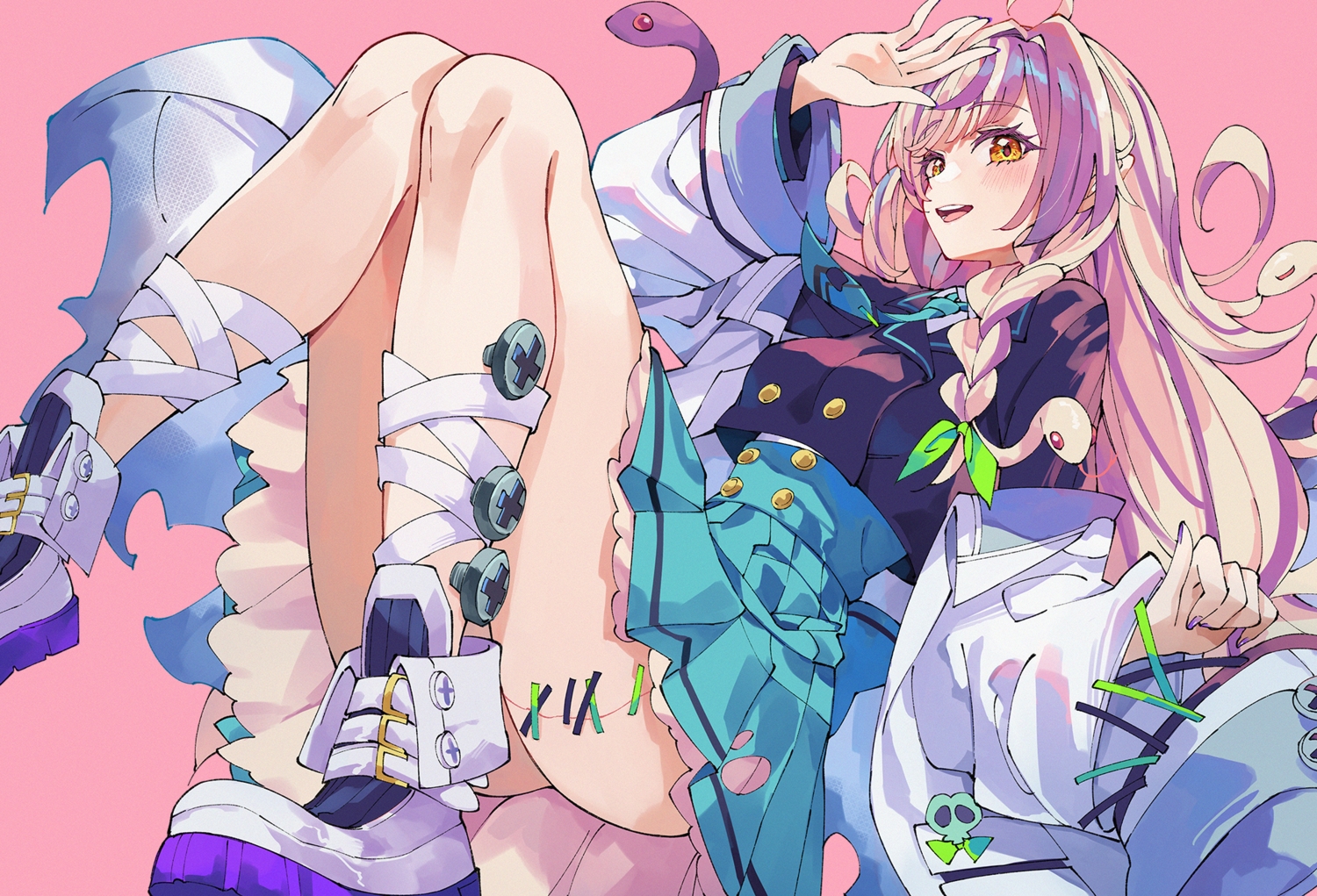 animal, bandage, blush, boots, braids, cardfight!!_vanguard, long_hair, orange_eyes