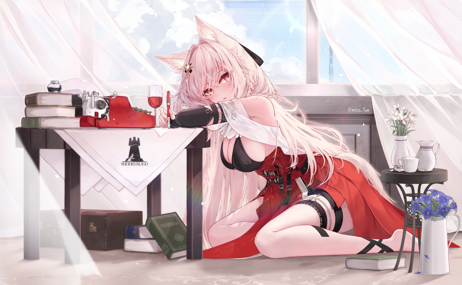 animal_ears, arknights, barefoot, blush, book, braids, breasts, cleavage, clouds, dress, drink, elbow_gloves, flowers, garter, gloves, pink_eyes, pink_hair, pozyomka_(arknights), signed, sky, tail, wolfgirl, yeosi