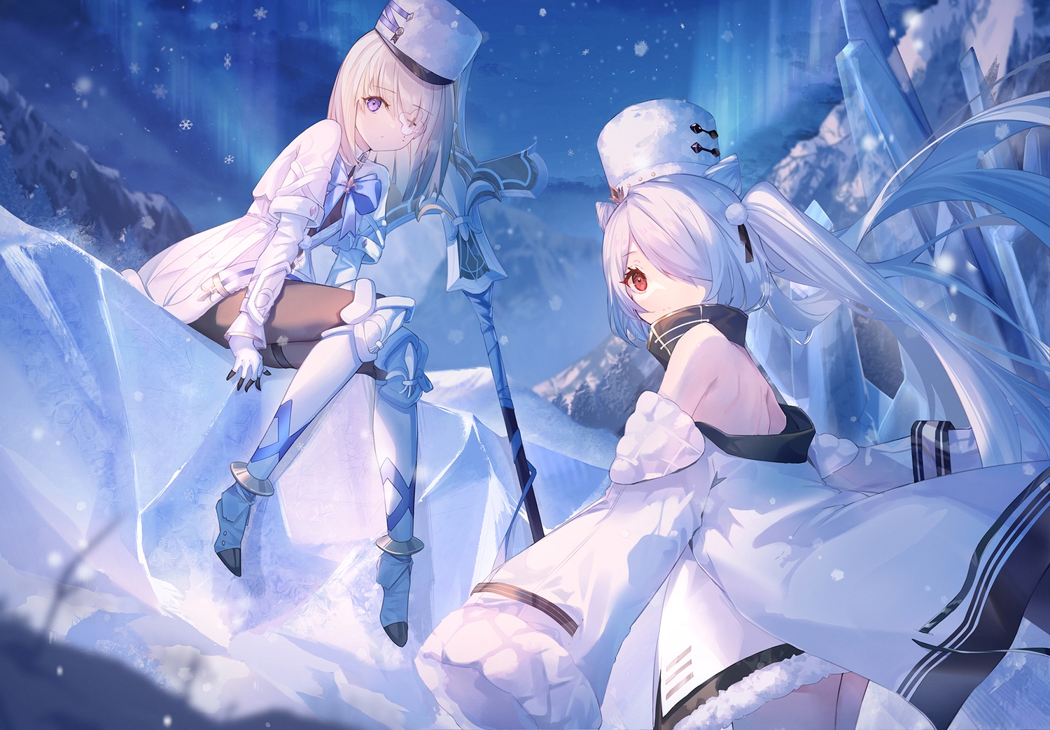 2girls, anthropomorphism, armor, azur_lane, blonde_hair, bow, dress, eyepatch