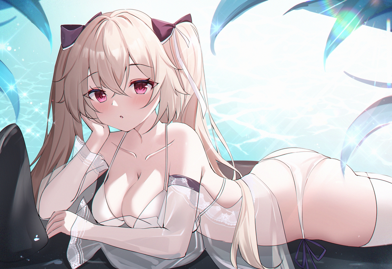 anchorage_(azur_lane), anthropomorphism, ass, azur_lane, bikini, blonde_hair, blush, bow, breasts, cleavage, leaves, long_hair, pink_eyes, see_through, swimsuit, thighhighs, twintails, usagi_(786113654), water