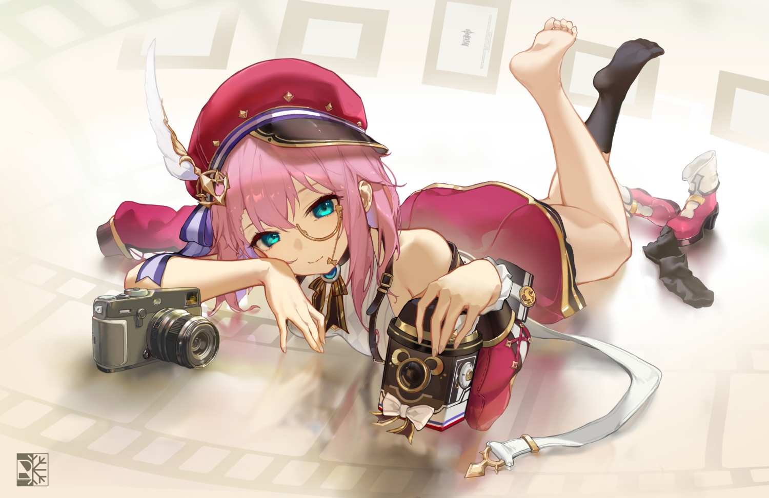 aqua_eyes, barefoot, boots, bow, camera, charlotte_(genshin_impact), dress, feathers, genshin_impact, glasses, hat, kneehighs, pink_hair, rein_yukimatsu, short_hair, socks, watermark