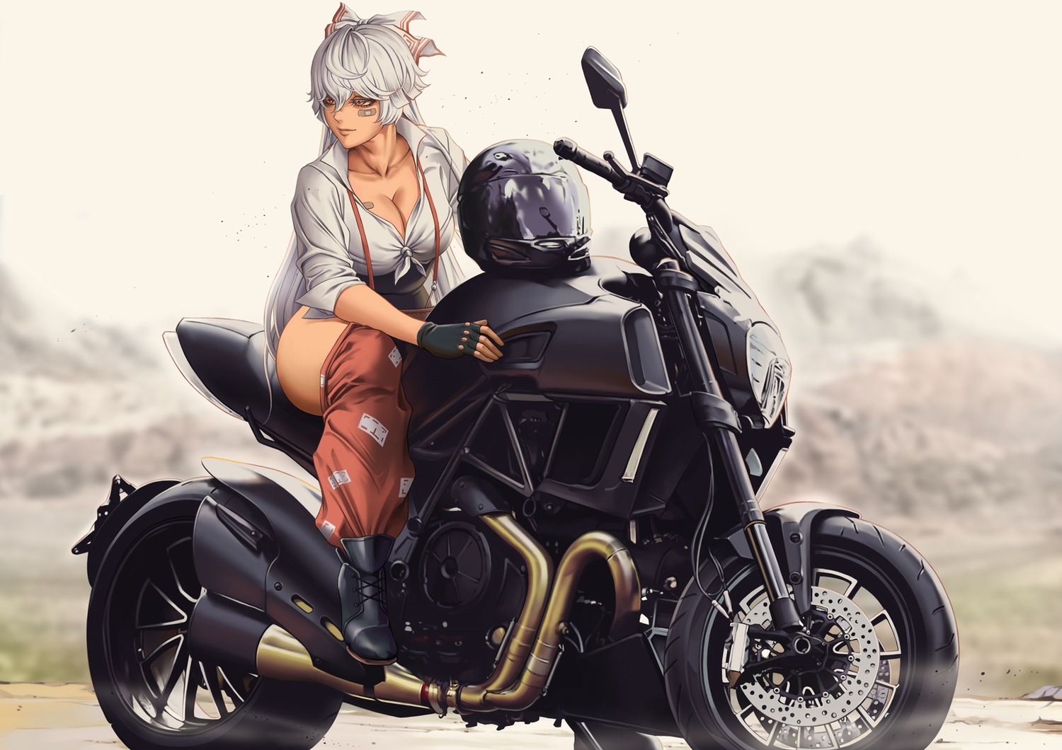 bandaid, boots, bow, breasts, cleavage, dantewontdie, dark_skin, fujiwara_no_mokou