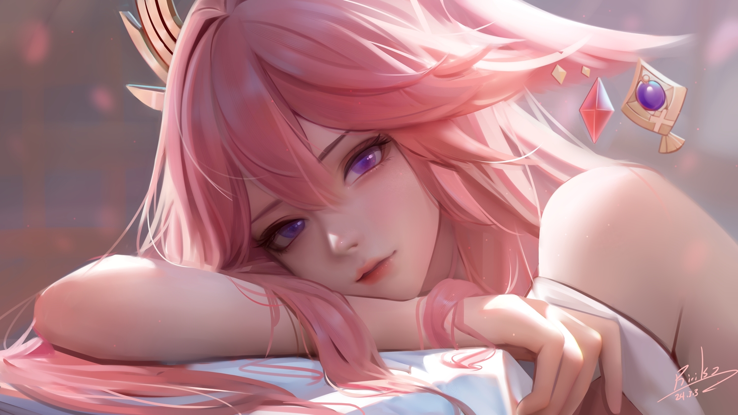 animal_ears, close, foxgirl, genshin_impact, headdress, long_hair, pink_hair, purple_eyes, realistic, ririko_(fhnngririko), signed, yae_miko