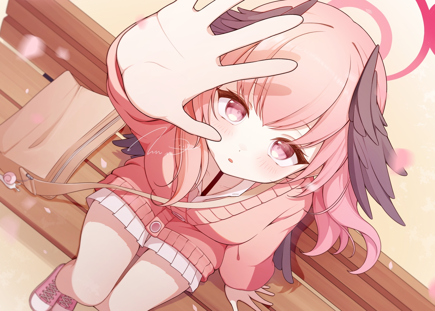 blue_archive, blush, close, gyeou_lee, halo, loli, petals, pink_eyes, pink_hair, school_uniform, shimoe_koharu, signed, skirt, twintails, wings