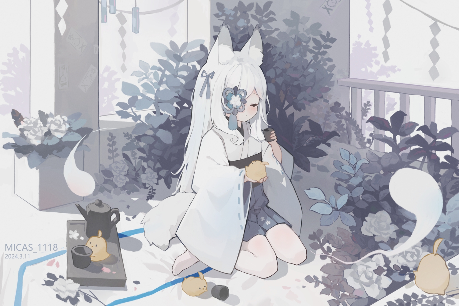 animal, animal_ears, anthropomorphism, azur_lane, bird, blush, drink, eyepatch