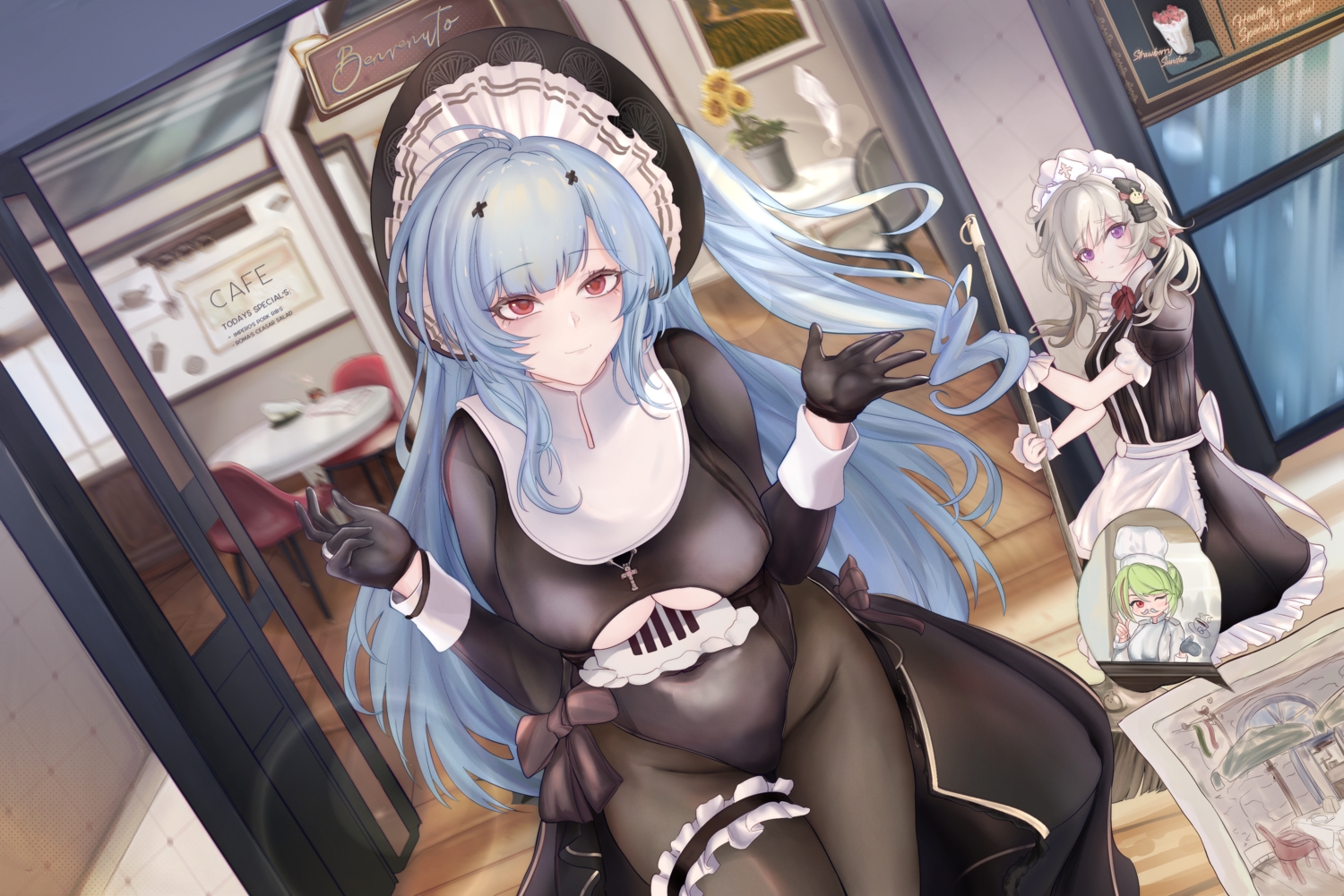 2girls, anthropomorphism, apron, azur_lane, blue_hair, blush, breasts, flandre_(azur_lane)