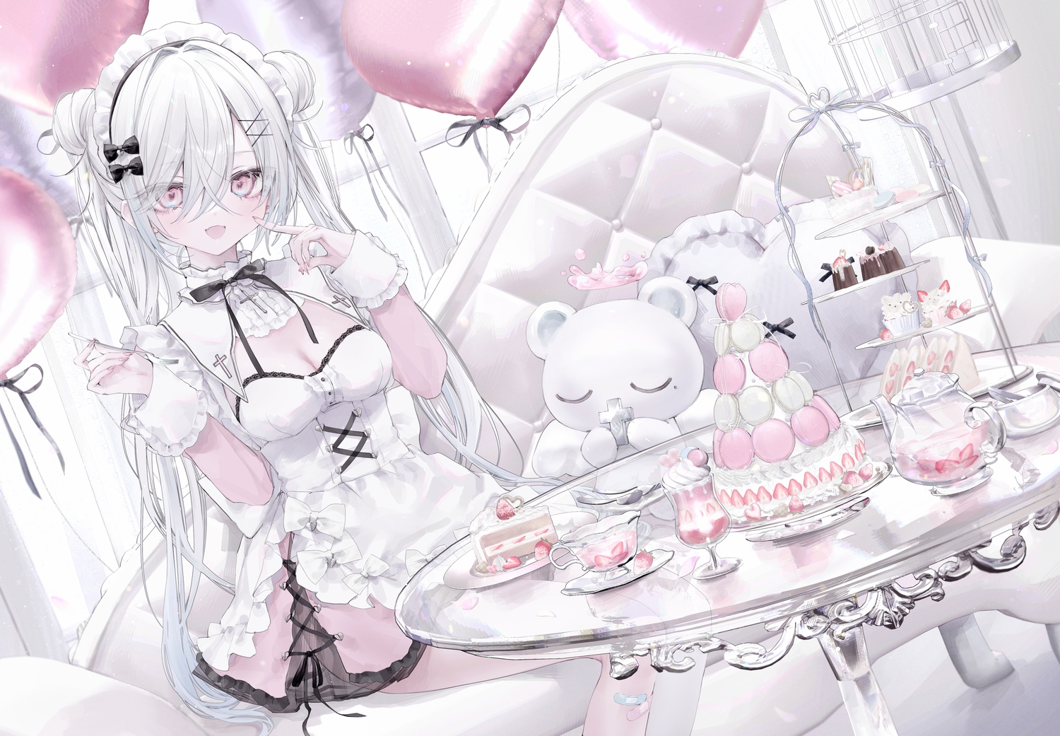 apron, bandaid, blush, bow, breasts, cake, cleavage, couch