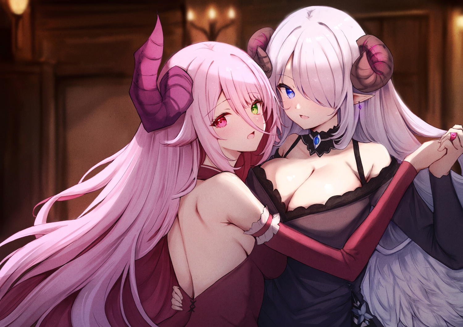 2girls, bicolored_eyes, blue_eyes, blush, breasts, choker, cleavage, close, dress, gray_hair, horns, hug, littlehobby, long_hair, pink_hair, pointed_ears, shoujo_ai