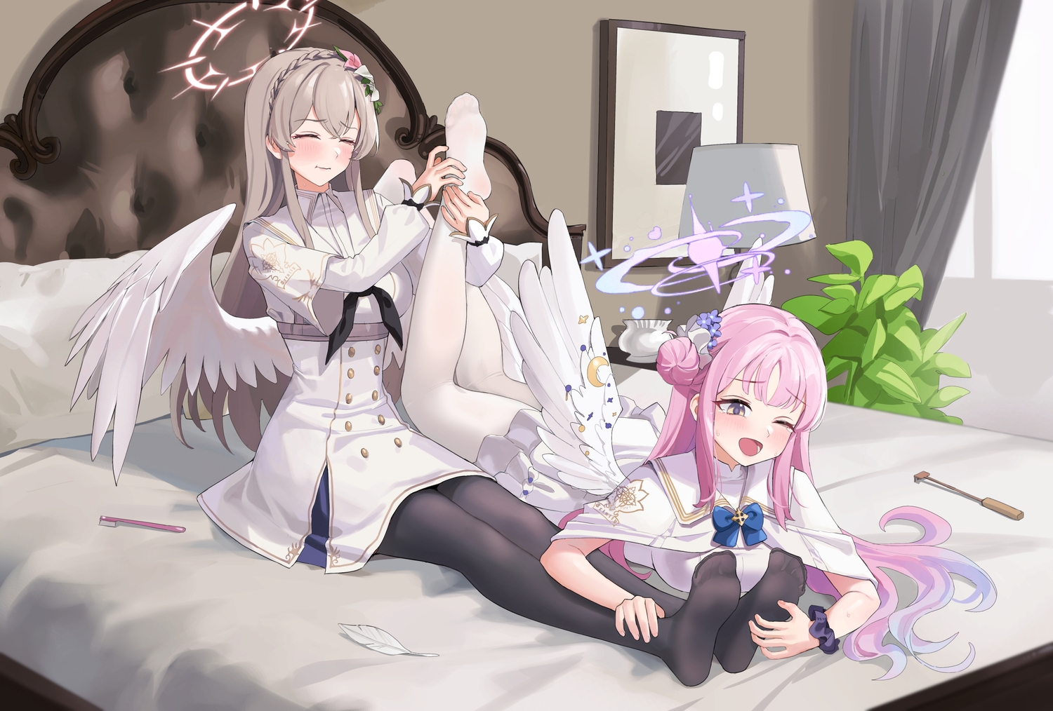 2girls, aliasing, bed, blue_archive, blush, bow, braids, brown_hair, cape, chuck_(harfmoondark), dress, feathers, halo, kirifuji_nagisa, leaves, long_hair, misono_mika, pantyhose, pink_hair, purple_eyes, shoujo_ai, tears, wings, wink, wristwear