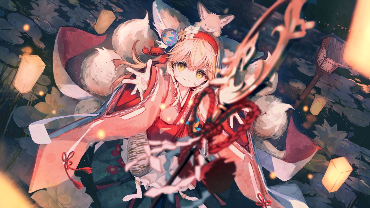 animal, animal_ears, apron, arknights, blonde_hair, flowers, fox, foxgirl, headband, iasimo, japanese_clothes, kimono, loli, long_hair, multiple_tails, sketch, suzuran_(arknights), tail, water, yellow_eyes
