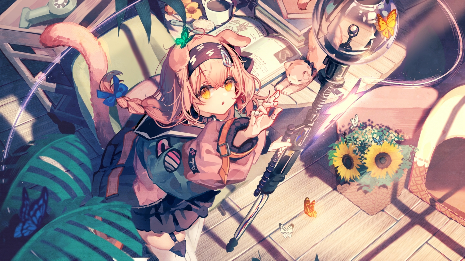 animal, animal_ears, arknights, bandaid, book, braids, butterfly, cat, catgirl, collar, drink, flowers, garter_belt, goldenglow_(arknights), headband, iasimo, long_hair, pink_hair, ponytail, skirt, staff, stockings, sunflower, tail, yellow_eyes, zettai_ryouiki