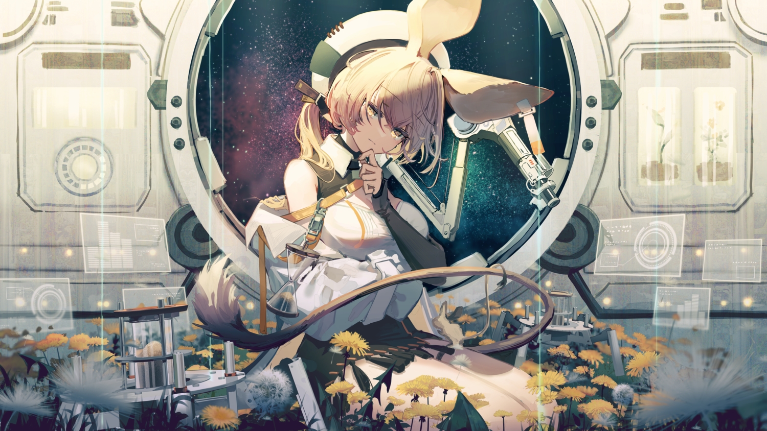 animal_ears, arknights, breast_hold, breasts, brown_hair, cleavage, computer, dorothy_(arknights)