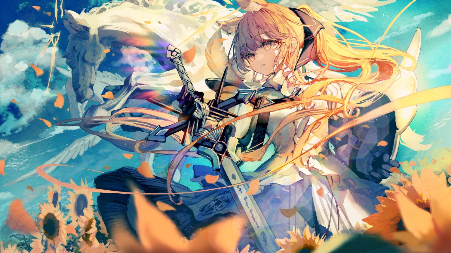 animal, animal_ears, arknights, blemishine_(arknights), blonde_hair, clouds, dress, feathers