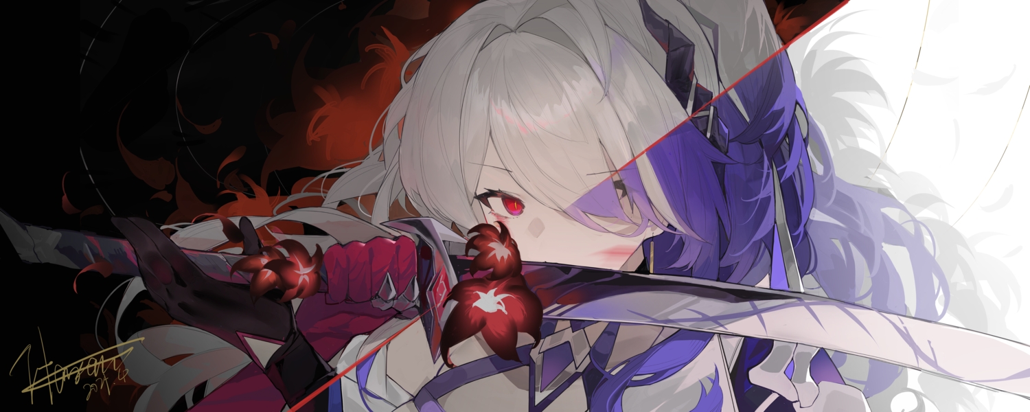 acheron_(honkai:_star_rail), blood, close, elbow_gloves, gloves, gray_hair, honkai_(series), honkai:_star_rail