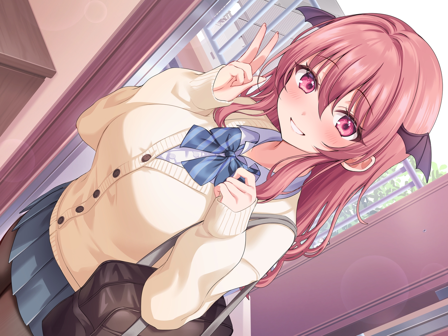 blush, long_hair, mikeneko_mari, original, pantyhose, red_eyes, school_uniform