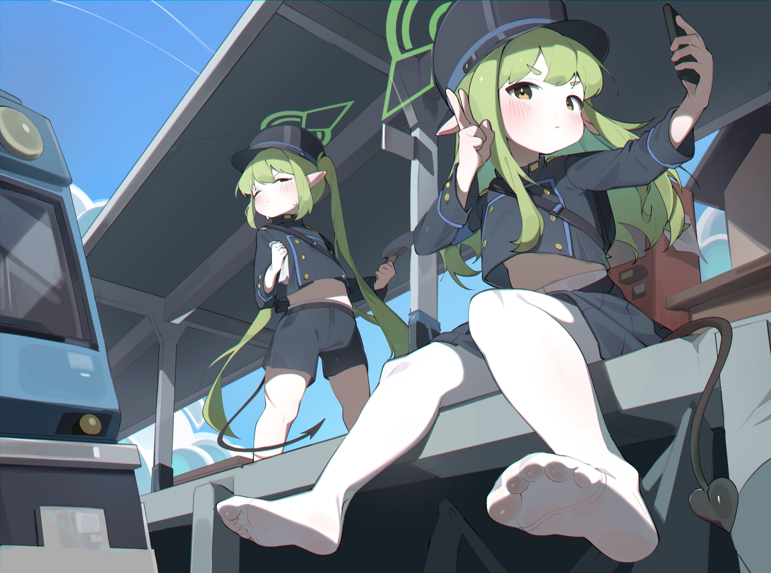 2girls, blue_archive, blush, brown_eyes, bullet, clouds, fan, green_hair, halo, hat, loli, long_hair, pantyhose, phone, pointed_ears, shirt, shorts, skirt, sky, tachibana_hikari_(blue_archive), tachibana_nozomi, tail, train, twins, twintails, wink
