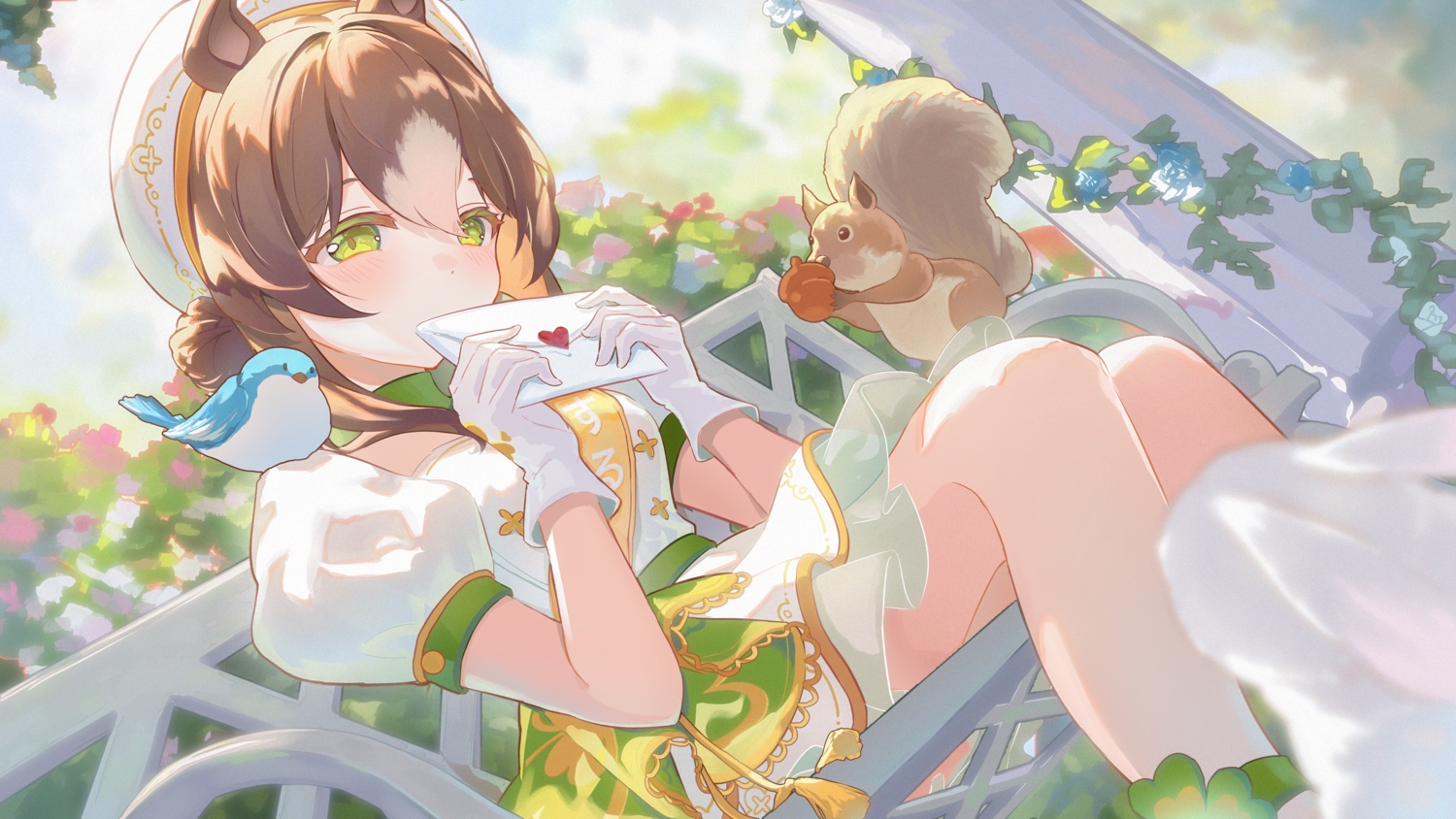 animal, animal_ears, anthropomorphism, bird, blush, brown_hair, dress, fine_motion_(umamusume)