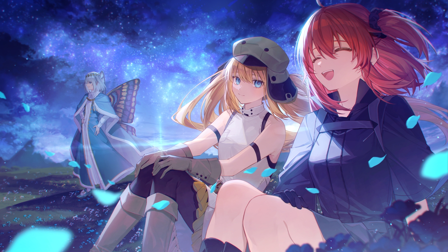 artoria_caster_(fate), artoria_pendragon_(all), blonde_hair, blue_eyes, boots, cape, coyucom, dress, fate/grand_order, fate_(series), flowers, fujimaru_ritsuka_(female), gloves, gray_hair, hat, headdress, long_hair, male, night, oberon_(fate), pantyhose, petals, ponytail, red_hair, short_hair, skirt, sky, stars, twintails, wings