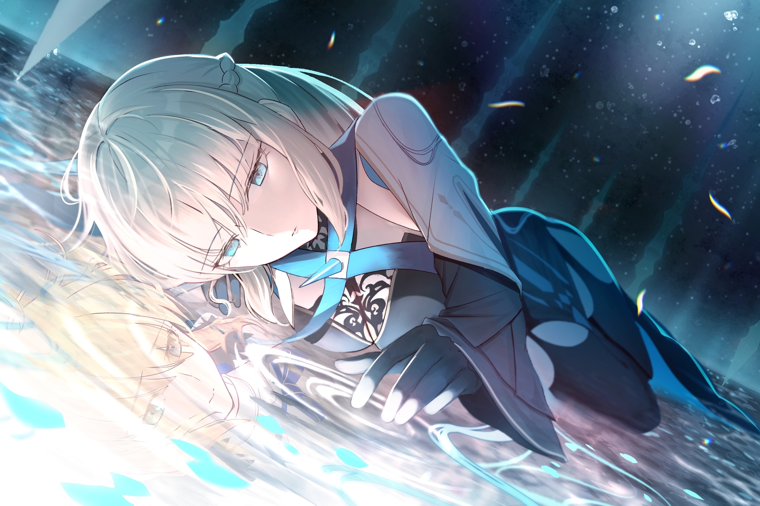 braids, breasts, cleavage, dress, fate/grand_order, fate_(series), garter_belt, gloves, gray_hair, mishiro_(ixtlolton), petals, reflection, stockings, tonelico_(fate), water