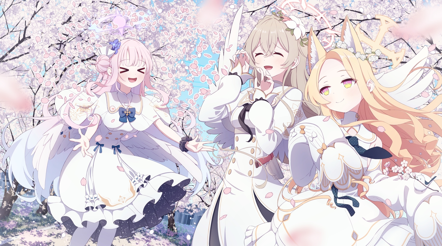animal_ears, blue_archive, blush, bow, brown_hair, building, cape, cherry_blossoms, dress, flowers, foxgirl, halo, kirifuji_nagisa, loli, long_hair, matchamassa, misono_mika, pantyhose, petals, pink_hair, sky, spring, tie, tree, uniform, wings, wristwear, yurizono_seia