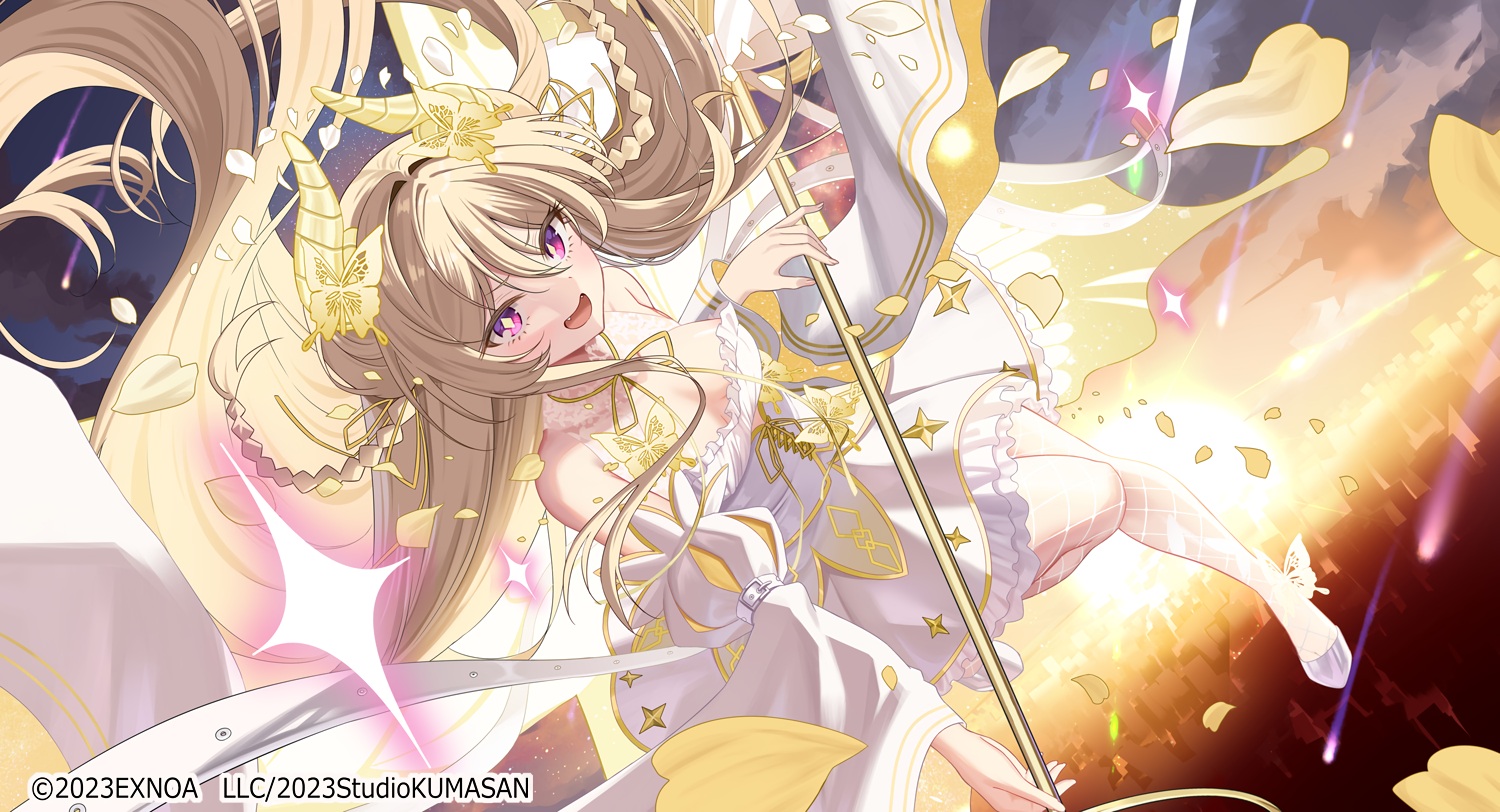bow, breasts, brown_hair, building, city, claudia_(twinkle_star_knights), cleavage, clouds, dress, fang, horns, long_hair, petals, piyopoyo, purple_eyes, ribbons, sky, staff, sunset, twinkle_star_knights, watermark