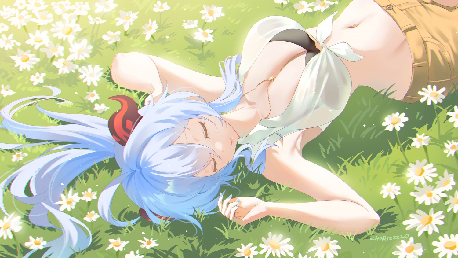 blue_hair, blush, breasts, cleavage, flowers, ganyu_(genshin_impact), genshin_impact, grass