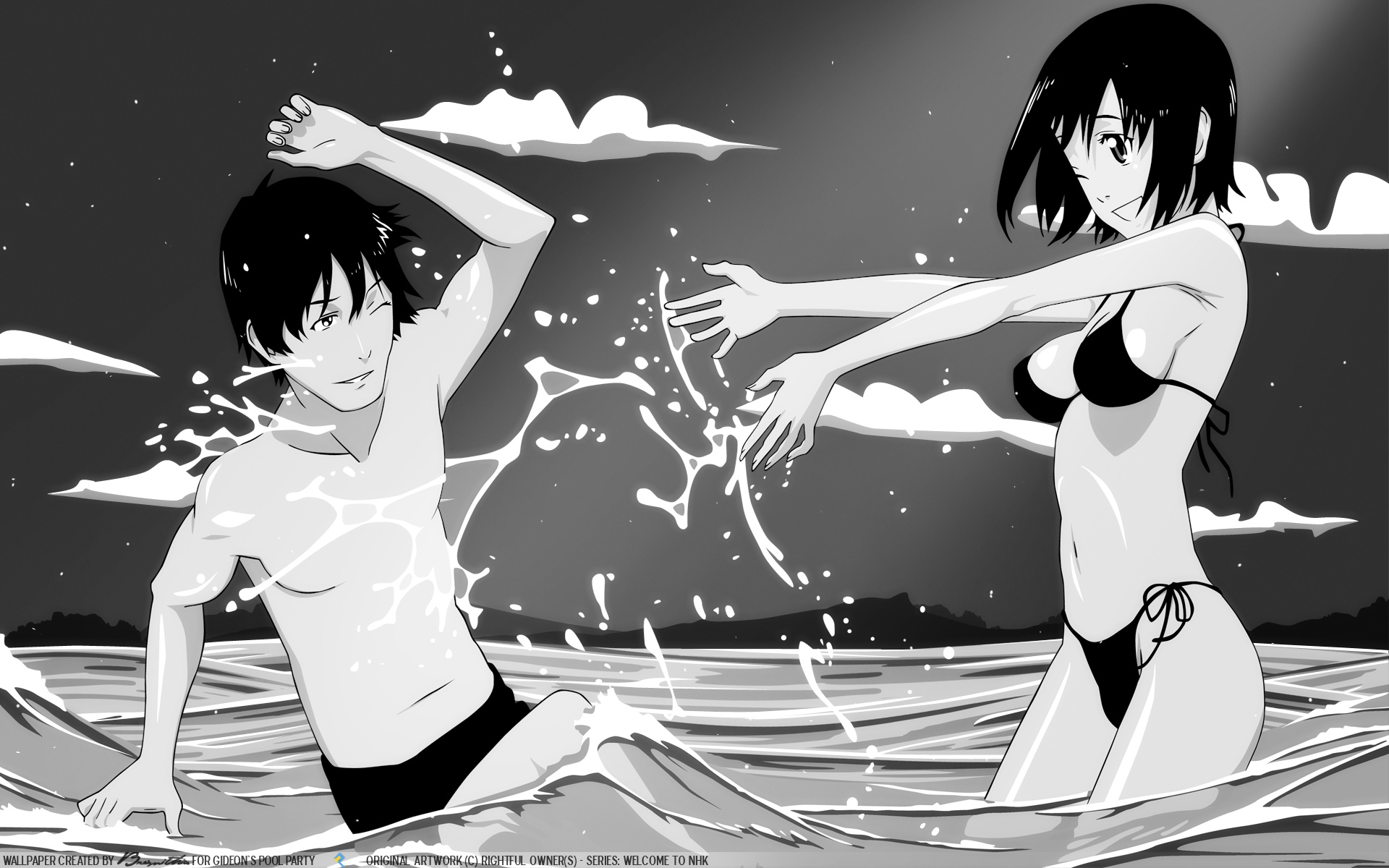 bikini, monochrome, nakahara_misaki, nhk_ni_youkoso, satou_tatsuhiro, swimsuit, water