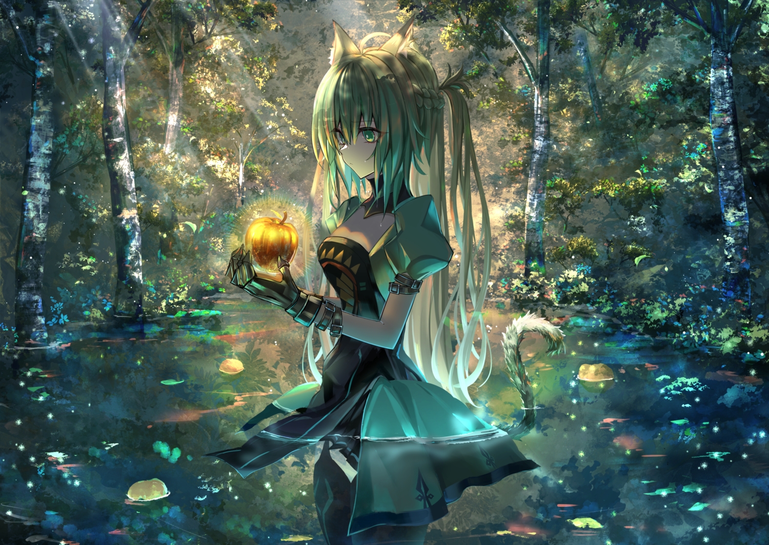 animal_ears, apple, atalanta_(fate), braids, catgirl, dress, fate/grand_order, fate_(series)