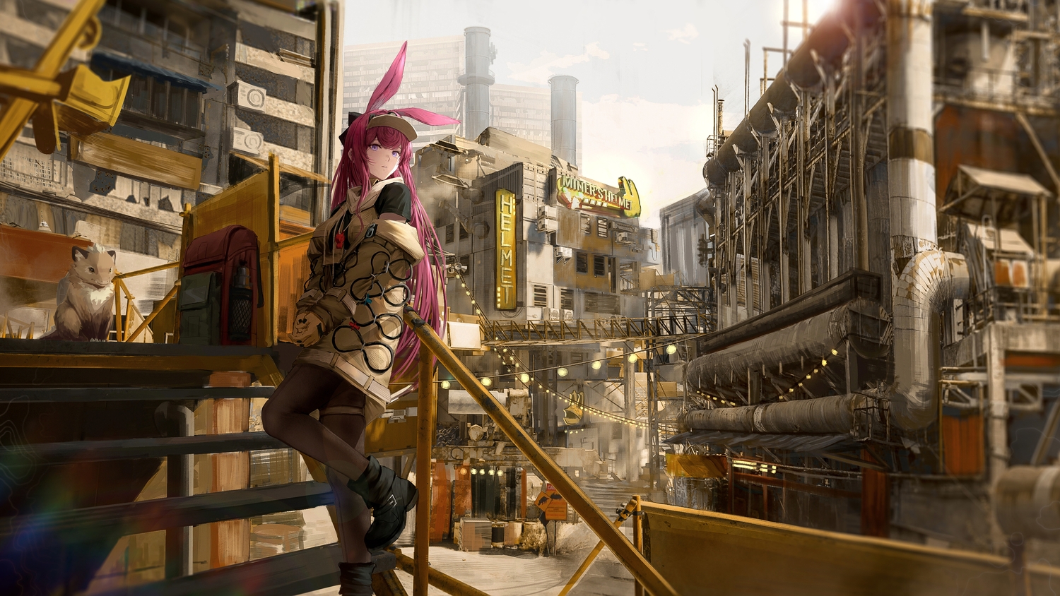 3d, animal_ears, arknights, boots, building, bunny_ears, bunnygirl, clouds