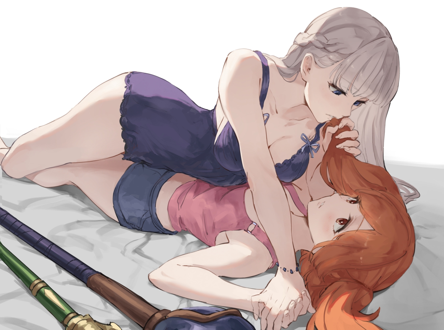 2girls, bed, blue_eyes, braids, breasts, cleavage, dress, gray_hair, jojobirdz, kanne_(sousou_no_frieren), lawine_(sousou_no_frieren), long_hair, red_eyes, red_hair, short_hair, shorts, shoujo_ai, sketch, sousou_no_frieren, staff, wristwear