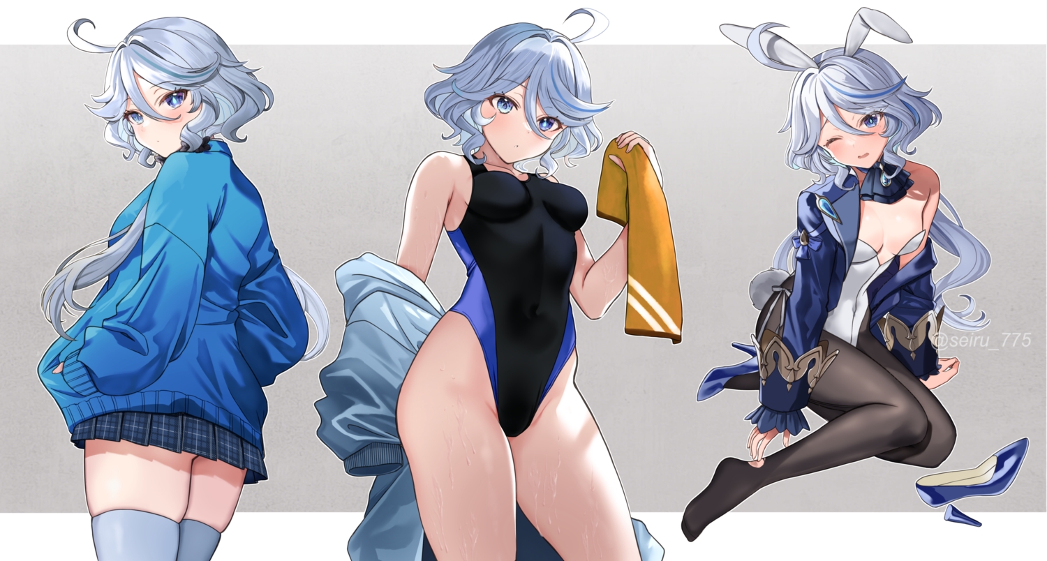 animal_ears, bicolored_eyes, blue_eyes, blush, breasts, bunny_ears, bunnygirl, furina_(genshin_impact), genshin_impact, gradient, gray_hair, headband, leotard, long_hair, pantyhose, school_uniform, seiru_(prairie), skirt, swimsuit, tail, tears, thighhighs, towel, watermark, wink, zettai_ryouiki