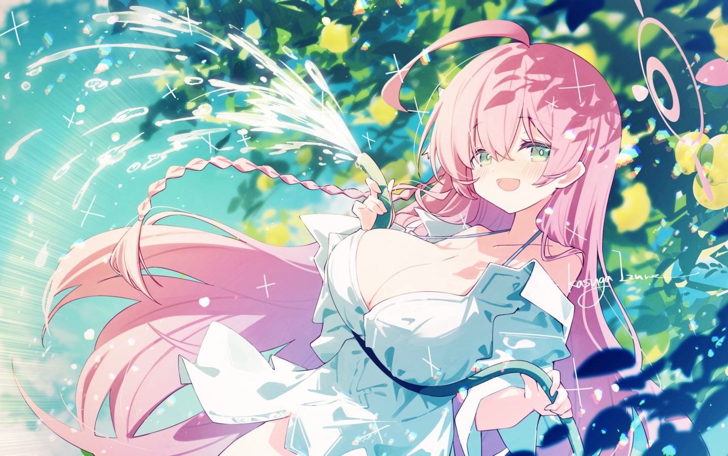 blue_archive, blush, braids, breast_hold, breasts, cleavage, green_eyes, halo