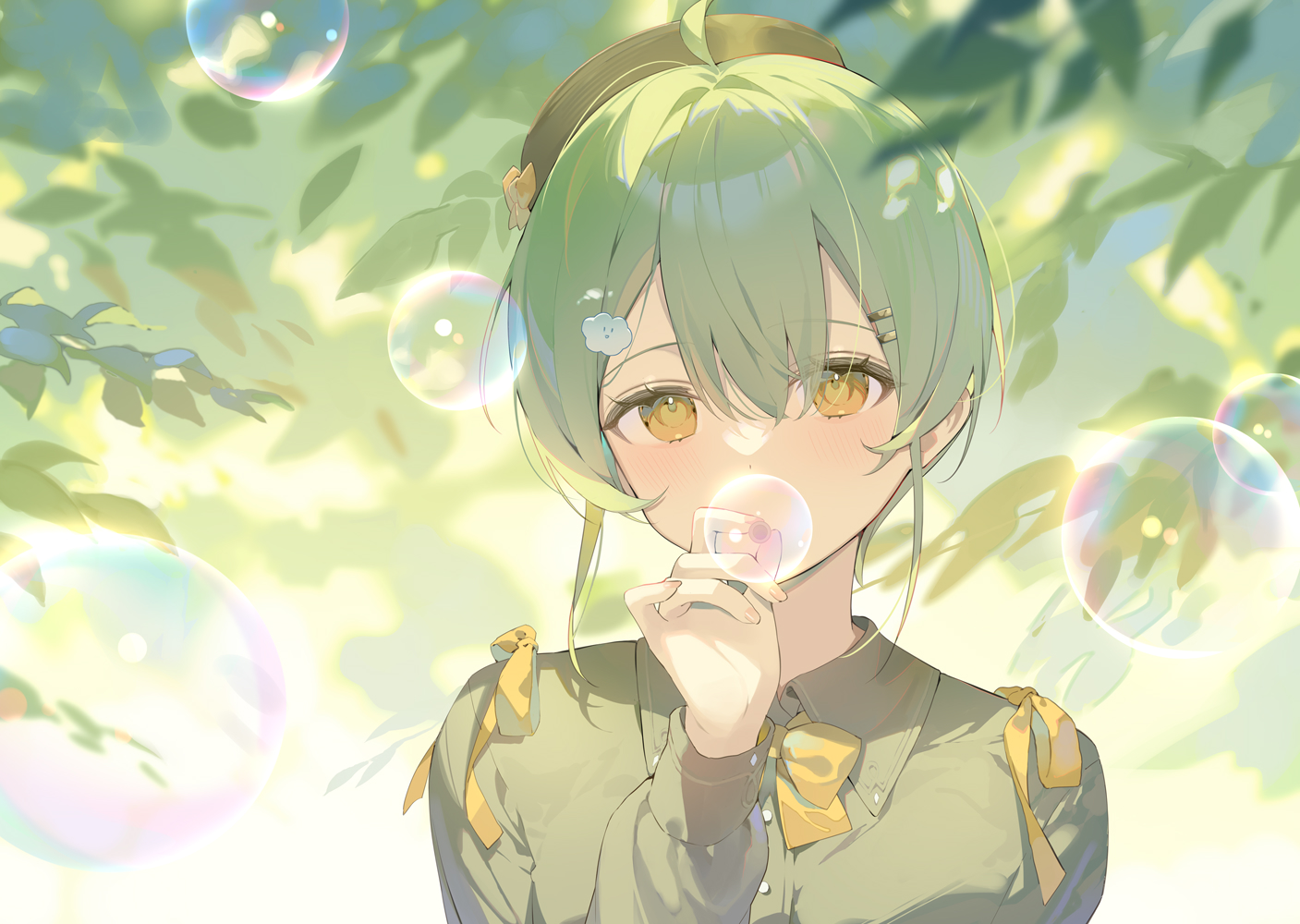blush, bow, bubbles, close, green, green_hair, hana_mori, hat